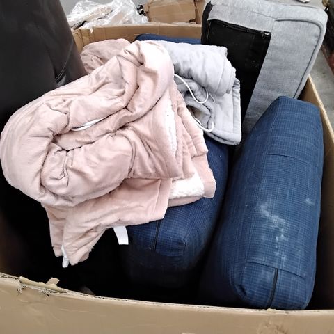 BOX OF ASSORTED SOFA CUSHIONS & 3 ELECTRIC BLANKETS 