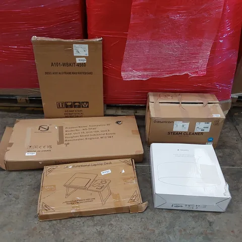 PALLET OF ASSORTED ITEMS INCLUDING: TRAMPOLINE, LED CEILING LAMP, STEAM CLEANER, MULTIFUNCTIONAL LAPTOP DESK, MAGNETIC WHITEBOARD 