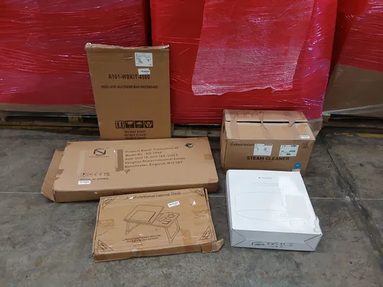 PALLET OF ASSORTED ITEMS INCLUDING: TRAMPOLINE, LED CEILING LAMP, STEAM CLEANER, MULTIFUNCTIONAL LAPTOP DESK, MAGNETIC WHITEBOARD 