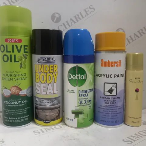 BOX OF APPROX 15 ASSORTED AEROSOLS TO INCLUDE OLIVE OIL SPRAY, UNDER BODY SEAL SPRAY, DETTOL DISINFECTANT SPRAY, ETC 