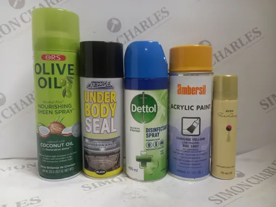 BOX OF APPROX 15 ASSORTED AEROSOLS TO INCLUDE OLIVE OIL SPRAY, UNDER BODY SEAL SPRAY, DETTOL DISINFECTANT SPRAY, ETC 