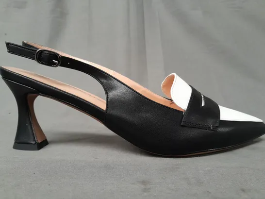 BOXED PAIR OF CASTAMERE POINTED TOE SLINGBACK HEELS IN BLACK/WHITE EU SIZE 40.5