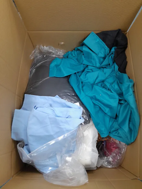 LARGE BOX OF ASSORTED CLOTHING ITEMS IN VARIOUS COLOURS AND SIZES INCLUDING TROUSERS , TOPS AND JUMPERS 