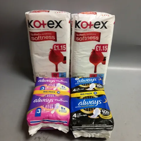 LOT OF 4 PACKS OF SANITARY PADS ALWAYS AND KOTEX FOR DAY AND NIGHT