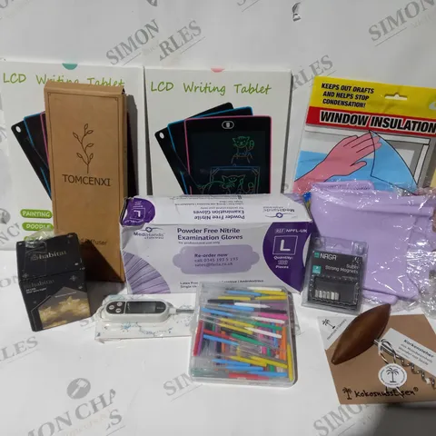 APPROXIMATELY 20 ASSORTED HOUSEHOLD ITEMS TO INCLUDE WINDOW INSULATION KIT, LCD WRITING TABLET, POWDER FREE NITRATE EXAMINATION GLOVES, ETC