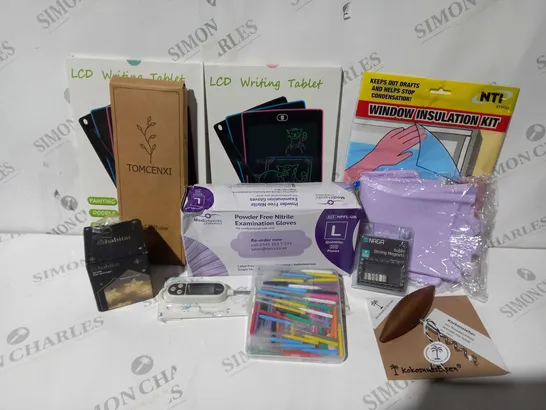 APPROXIMATELY 20 ASSORTED HOUSEHOLD ITEMS TO INCLUDE WINDOW INSULATION KIT, LCD WRITING TABLET, POWDER FREE NITRATE EXAMINATION GLOVES, ETC