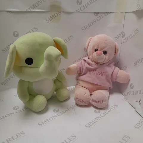 TWO ASSORTED BRAND NEW SOFT TOYS TO INCLUDE; GREEN ELEPHANT TEDDY AND INTIME PINK BEAR