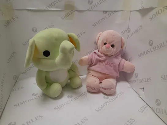 TWO ASSORTED BRAND NEW SOFT TOYS TO INCLUDE; GREEN ELEPHANT TEDDY AND INTIME PINK BEAR