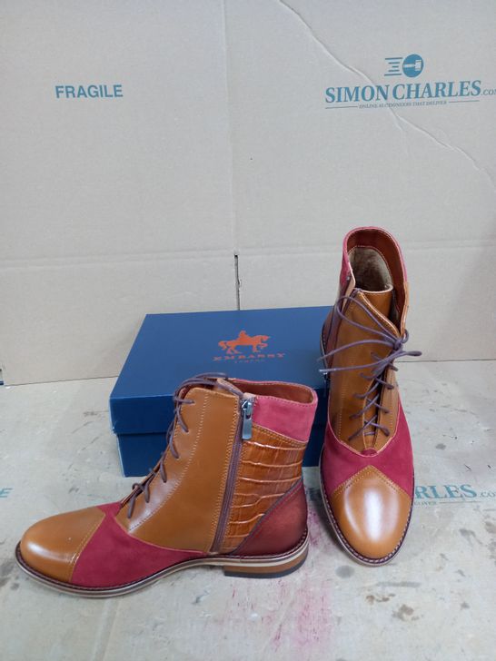 BOXED PAIR OF EMBASSY LONDON BROWN/RED BOOTS SIZE 38