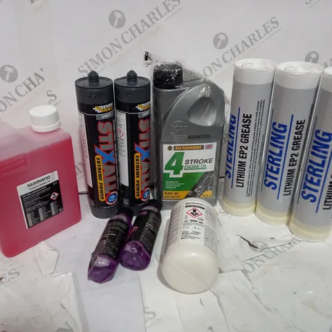 ASSORTED ITEMS TO INCLUDE: STERING LITHIUM EP2 GREASE, 4 STROKE ENGINE OIL, SHIMANO HYDRAULIC MINERAL OIL ETC - COLELCTION ONLY 