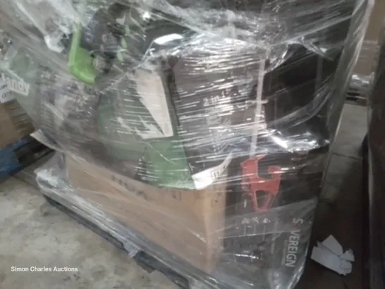 PALLET OF ASSORTED GARDENING TOOLS, INCLUDING, STRIMMERS, CHAIN SAWS, BLOWERS, SCARIFIER/RAKE