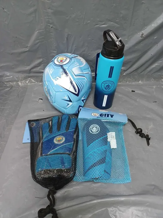 MANCHESTER CITY FOOTBALL, GLOVES, SHIN GUARDS AND DRINKING BOTTLE SET