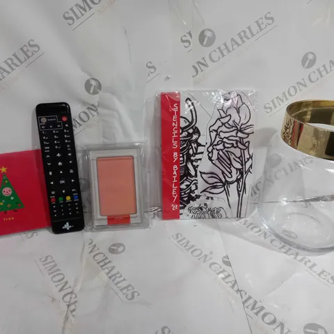 BOX OF 8 ASSORTED ITEMS TO INCLUDE - CARD TREE - FAMILY REMOTE - GLASS VASE WITH GOLD RIM ECT