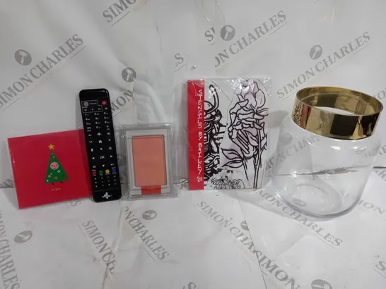 BOX OF 8 ASSORTED ITEMS TO INCLUDE - CARD TREE - FAMILY REMOTE - GLASS VASE WITH GOLD RIM ECT