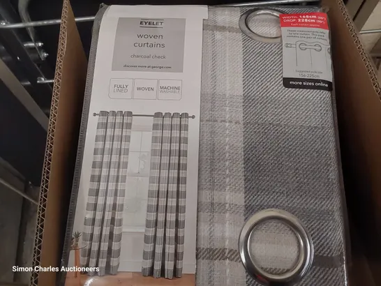 BOX OF TWO PAIRS OF BRAND NEW EYELET WOVEN CURTAINS CHARCOAL CHECK W168 D228cm