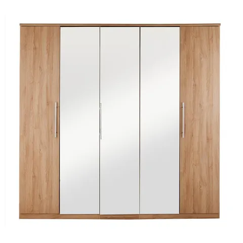 BOXED PRAGUE OAK-EFFECT 5 DOOR WARDROBE WITH MIRRORS (4 BOXES) 