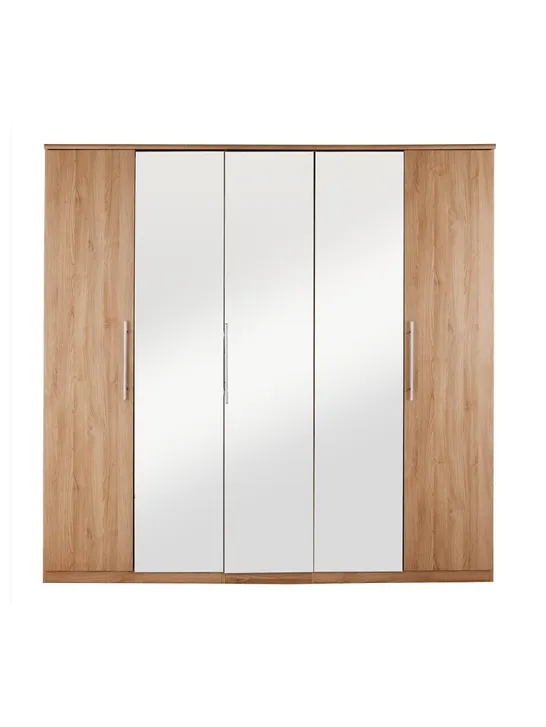 BOXED PRAGUE OAK-EFFECT 5 DOOR WARDROBE WITH MIRRORS (4 BOXES)  RRP £529