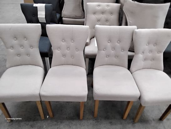 6 DESIGNER CREAM FABRIC CHAIRS WITH BUTTONED BACK, WOODEN LEGS  LEGS
