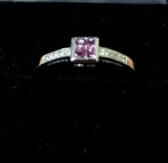 9CT WHITE GOLD RING SET WITH A PINK SAPPHIRE AND NATURAL DIAMONDS