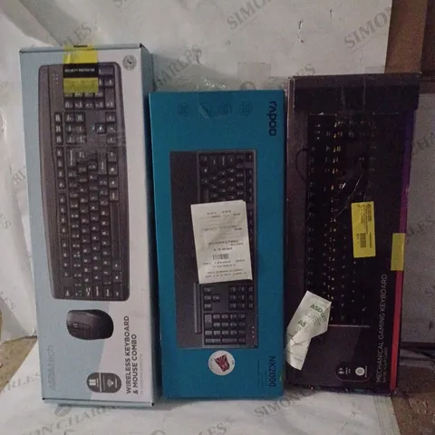 GROUP OF 3 ASSORTED WIRED AND WIRELESS PC KEYBOARDS TO INCLUDE RAPOO AND ASDATECH