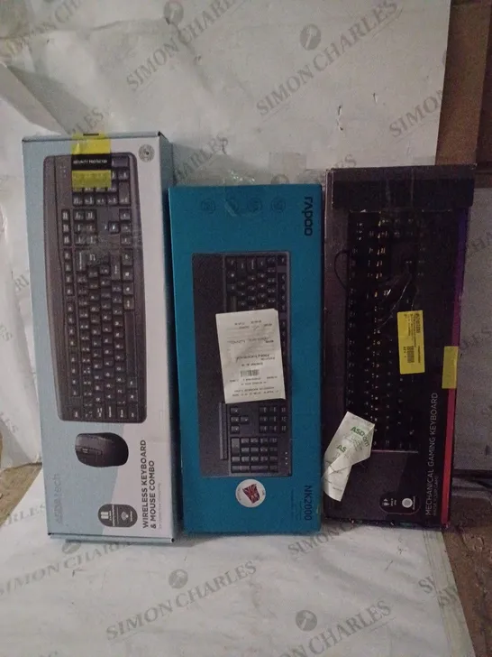 GROUP OF 3 ASSORTED WIRED AND WIRELESS PC KEYBOARDS TO INCLUDE RAPOO AND ASDATECH