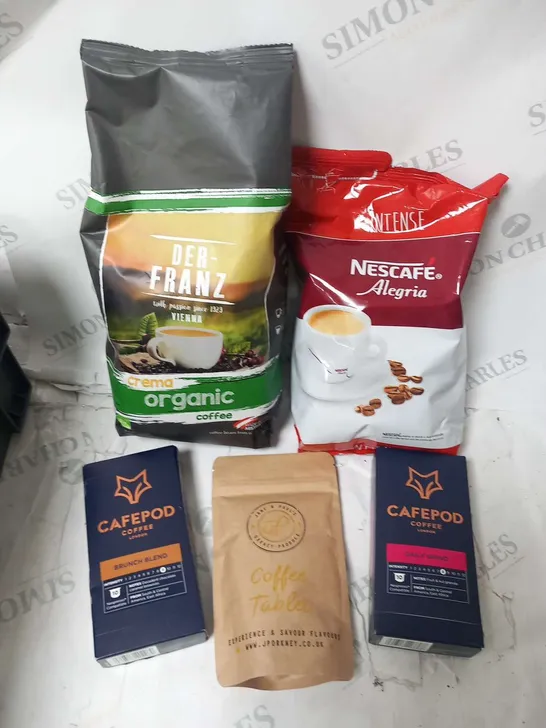 APPROXIMATELY 8 ASSORTED COFFEE BASED PRODUCTS TO INCLUDE; NESCAFE, CAFEPOD, DER-FRANZ AND JANE AND PAUL'S