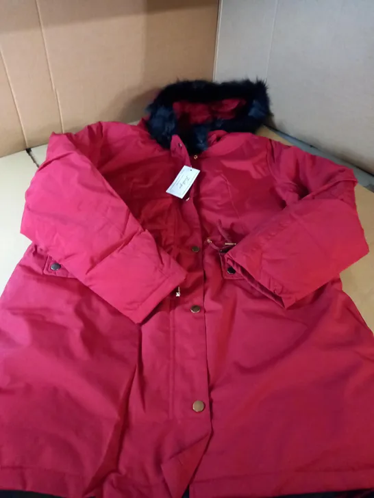 UNBRANDED RED WITH BLACK FAUX FUR HOOD DETAIL COAT - SIZE L