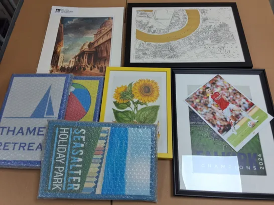 LOT OF ASSORTED ART PIECES TO INCLUDE FRAMED PAINTING PRINT AND SLOGAN WALL ART IN VARIOUS MEDIUMS 