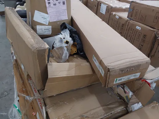 PALLET OF ASSORTED BOXED FURNITURE PARTS, INCLUDING SOFA BED ARMS, BED FRAME PARTS, DONING TABLE PARTS.