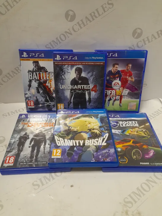 LOT OF 6 ASSORTED PLAYSTATION 4 GAMES TO INCLUDE FIFA 16, BATTLEFIELD 4, UNCHARTED 4, ETC