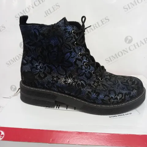 BOXED PAIR OF RIEKER LACE UP BOOTS IN DARK FLORAL SIZE 8 
