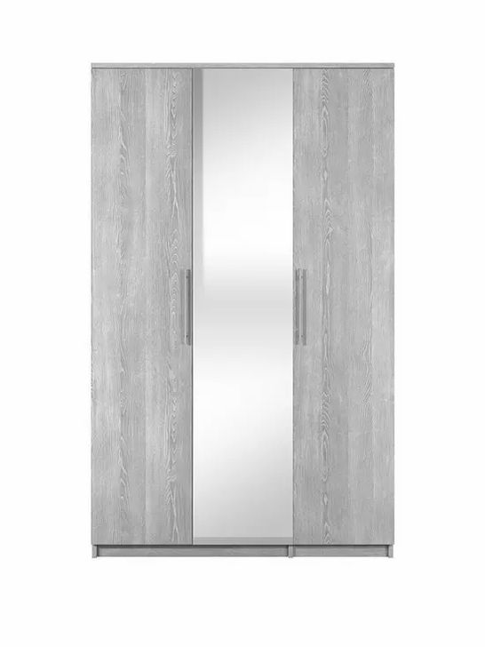 NEW BOXED PRAGUE GB 3 DOOR ROBE WITH MIRROR SHORT PANELS GREY - 3 BOXES