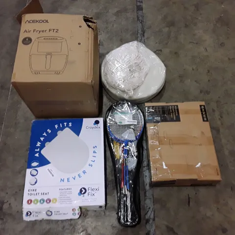 PALLET OF ASSORTED PRODUCTS INCLUDING AIR FRYER, TOILET SEAT, BADMINTON SET, CAT HAMMOCK, ADJUSTABLE HEIGHT SPEAKER STAND 