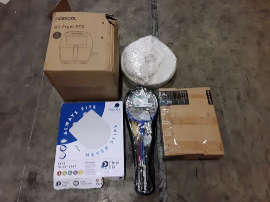 PALLET OF ASSORTED PRODUCTS INCLUDING AIR FRYER, TOILET SEAT, BADMINTON SET, CAT HAMMOCK, ADJUSTABLE HEIGHT SPEAKER STAND 