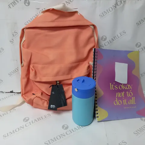 APPROXIMATELY 10 ASSORTED ITEMS TO INCLUDE TYPO BACKPACK, METAL DRINK BOTTLE, A4 NOTEBOOK ETC. 