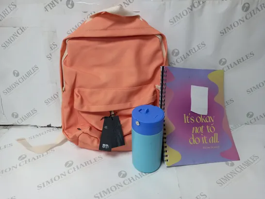 APPROXIMATELY 10 ASSORTED ITEMS TO INCLUDE TYPO BACKPACK, METAL DRINK BOTTLE, A4 NOTEBOOK ETC. 