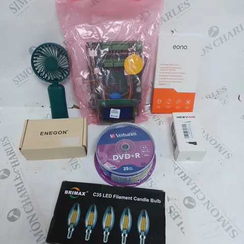 BOX OF APPROXIMATELY 15 ASSORTED HOUSEHOLD PRODUCTS TO INCLUDE LED FILAMENT CANDLE BULBS, BLANK DVDS, PORTABLE FAN ETC 