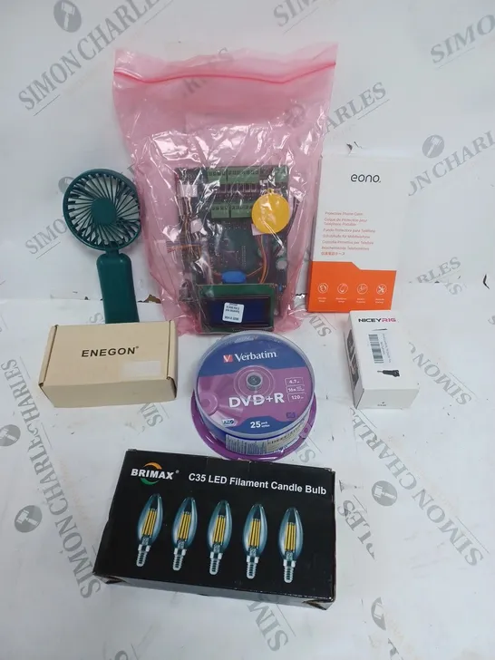 BOX OF APPROXIMATELY 15 ASSORTED HOUSEHOLD PRODUCTS TO INCLUDE LED FILAMENT CANDLE BULBS, BLANK DVDS, PORTABLE FAN ETC 