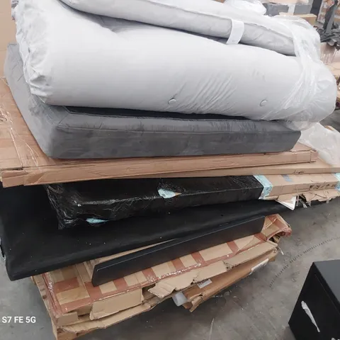 PALLET OF ASSORTED BOXED FURNITURE PARTS, FUTON MATTRESS HEADBOARD.