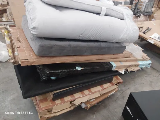 PALLET OF ASSORTED BOXED FURNITURE PARTS, FUTON MATTRESS HEADBOARD.