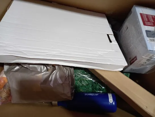 BOX OF APPROXIMATELY 10 ASSORTED HOUSEHOLD ITEMS TO INCLUDE BROTHER PA-C-411 A4 THERMAL PAPER, PERCALE NON-IRON DOUBLE FLAT SHEET, CROSS STITCH KIT, ETC