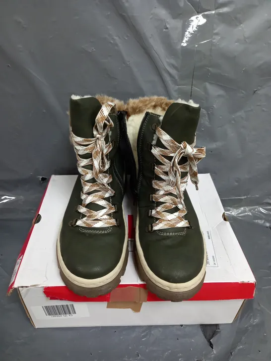 BOXED PAIR OF REIKER LACE UP CHUNKY BOOTS SIZE 5