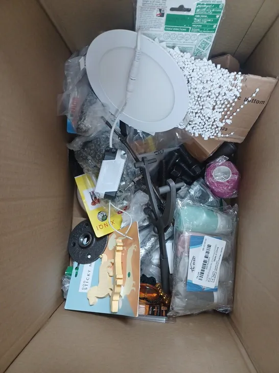 BOX OF APPROXIMATELY 30 ASSORTED HOUSEHOLD PRODUCTS TO INCLUDE BOBBINS, LED WALL LIGHT, FOOT MASSAGER ETC 