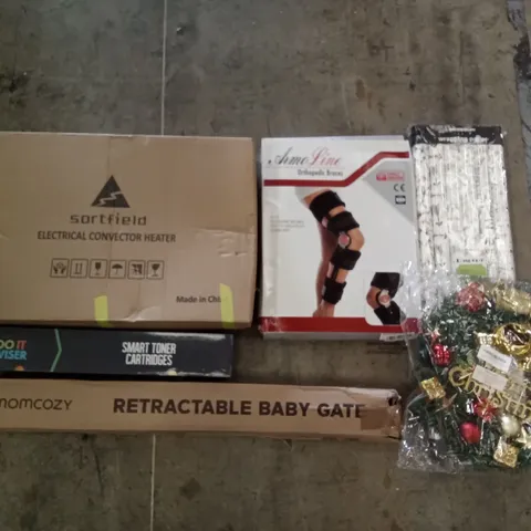 PALLET OF ASSORTED ITEMS INCLUDING SORTFIELD ELECTRICAL CONVECTOR HEATER, SMART TONER CARTRIDGES, RETRACTABLE BABY GATE, CHRISTMAS WREATH, WRAPPING PAPER, ORTHOPAEDIC BRACES