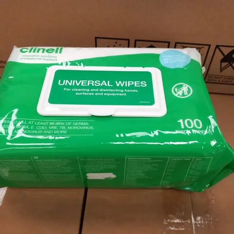 PALLET OF APPROXMATELY 46 BOXES OF CLINELL UNIVERSAL WIPES 6 PACKS PER BOX, 100 WIPES PER PACK