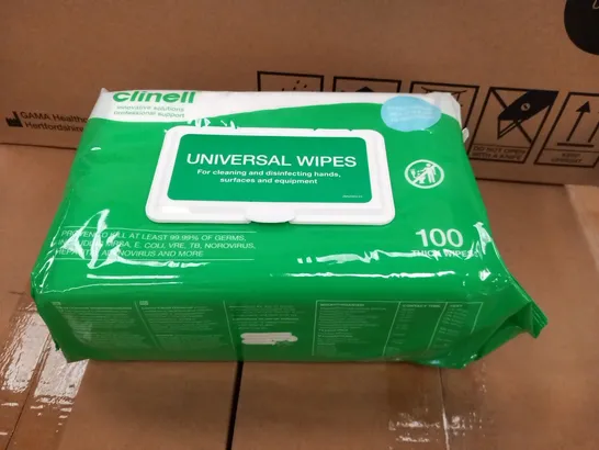 PALLET OF APPROXMATELY 46 BOXES OF CLINELL UNIVERSAL WIPES 6 PACKS PER BOX, 100 WIPES PER PACK