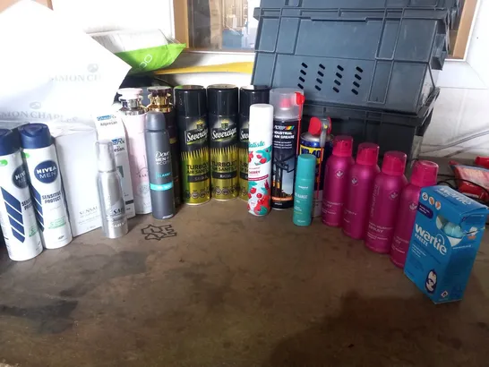 APPROXIMATELY 21 ASSORTED AEROSOL SPRAYS TO INCLUDE; NIVEA, SOVEREIGN, WD40, WARTIE AND LEE STAFFORD