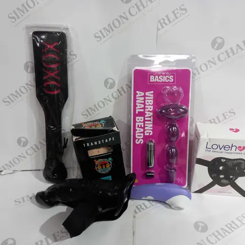 APPROXIMATELY 15 ASSORTED ADULT ITEMS TO INCLUDE VIBRATING ANAL BEADS, LOVEHONEY STRAP ON, UNBOXED ROMP VIBRATOR, ETC