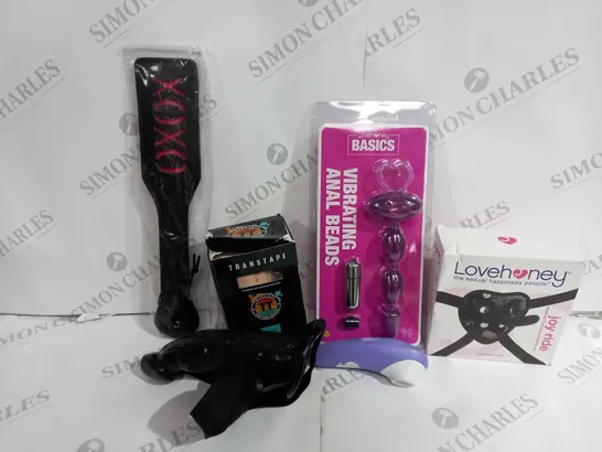 APPROXIMATELY 15 ASSORTED ADULT ITEMS TO INCLUDE VIBRATING ANAL BEADS, LOVEHONEY STRAP ON, UNBOXED ROMP VIBRATOR, ETC