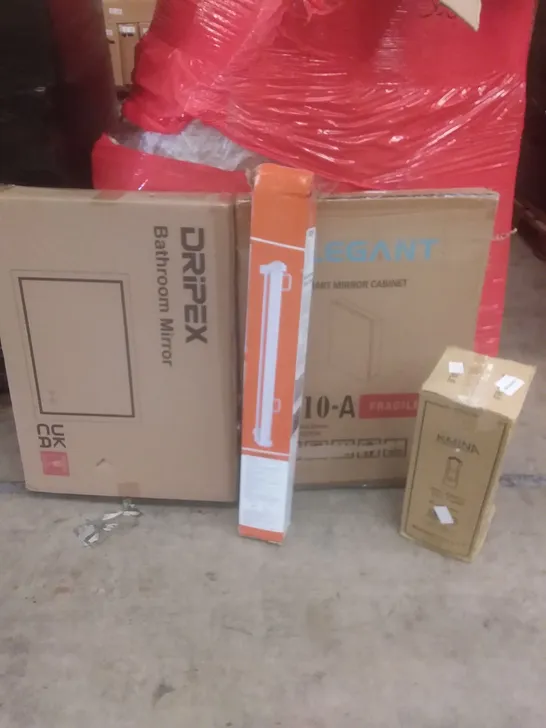 PALLET OF ASSORTED ITEMS INCLUDING BATHROOM MIRRORS, RETRACTABLE SAFETY GATE, BATHTUB GRAB RAIL